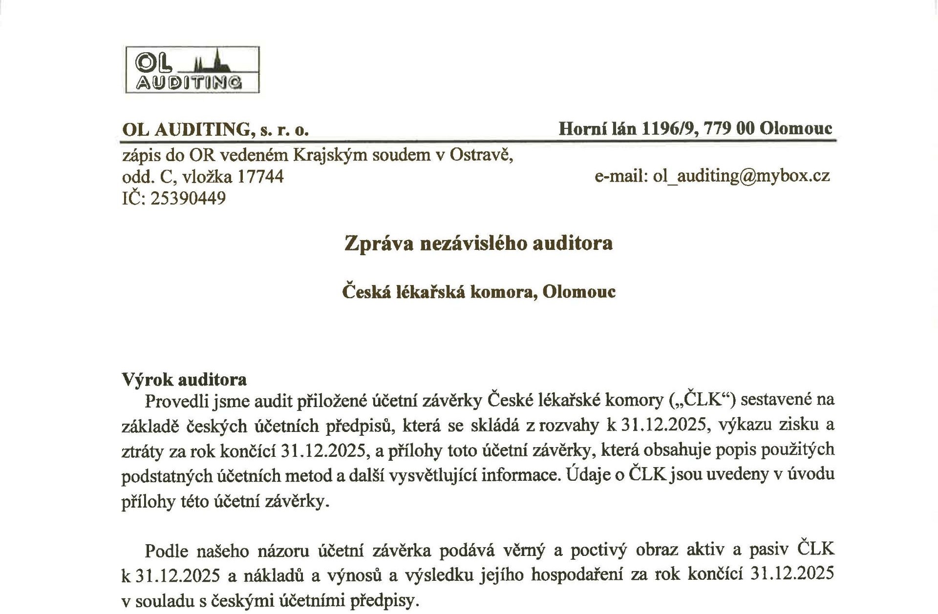 Zpráva o hospodaření centra České lékařské komory k 31. 12. 2025